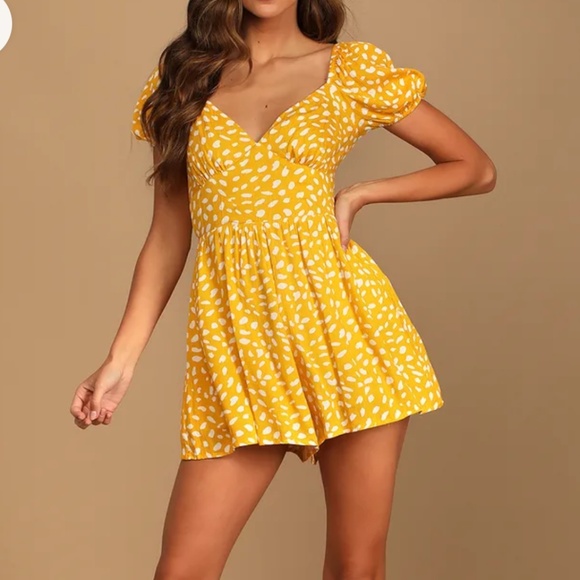 Lulus Pants - Lulus Shorts Romper Hey Sunny Yellow Dotted Short Sleeve Romper V- Neck Medium